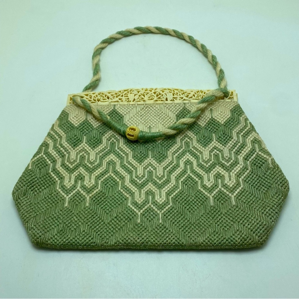 Vintage Handcrafted Green Woven Handbag With Celluloid Lace Excellent Condition